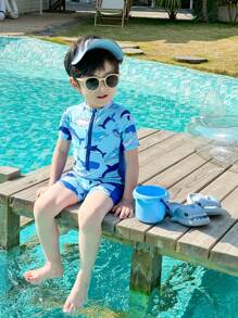 SHEIN 1pc Young Boys Vacation Cute Cartoon Print Colorblock Long Sleeve Rash Guard & Cap Set, Suitable For Beach, Pool, Spring/Summer
