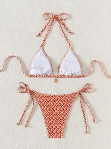 Conjunto de bikini de triángulo con estampado geométrico y colgante de metal para el cuello, atuendo de verano para vacaciones - Multicolor - Ver 2