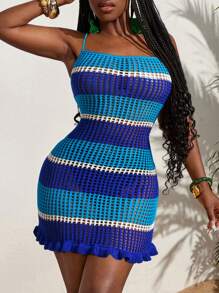 Slaydiva Sexy Crochet Lace-Up Colorful Mini Knit Dress For Beach Vacations And Dates - Style A - Multicolor - View 3