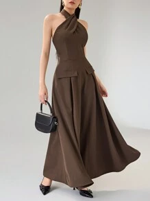 Heiryn 女士纯色交叉领无袖优雅连衣裙