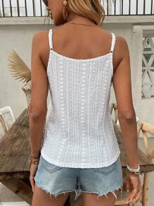 SHEIN LUNE 1pc Women's Fashion Hollow Jacquard Textured Bohemian Style Button Strap Cami Top - White - View 2