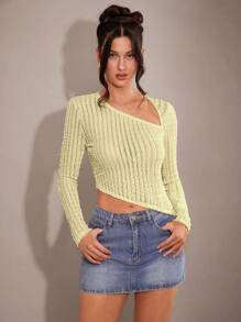 SHEIN BAE 女士休闲纹理针织斜肩修身 T 恤，斜下摆，适合春季、情人节、派对、浪漫约会、舞会、办公室穿着 - 黃色 - 查看 4