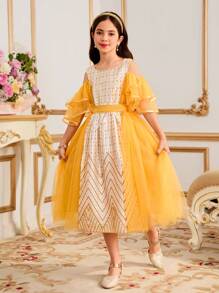 SHEIN Tween Girls Drop Shoulder Princess Net Tulle Dress - Multicolor - View 7