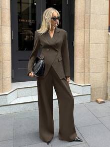 Aloruh Women's Notched Collar Jacket And Pants Commuting Daily Basic Business Suit Set In Fall/Winter - Coffee Brown - View 4