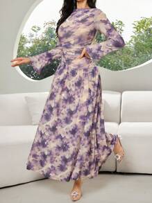 Modelyn Women's Batik Printing Round Neck Long Sleeve Pleated Ruffle Hem Elegant Dress