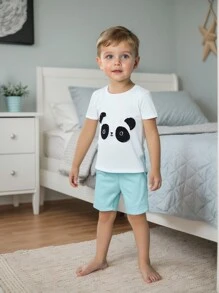 6 Stücke/Set Säuglings- und Kleinkind Jungen süßer Panda Muster Eng anliegendes Kurzarm T-Shirt & Shorts Schlafanzug Set