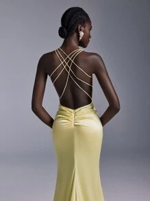 SHEIN Belle Váy dạ hội tối giản bằng vải satin màu vàng nhạt thanh lịch, váy dự tiệc cưới, hở lưng gợi cảm, đuôi cá xếp nếp, váy dạ hội trang trọng, váy dự tiệc - Màu vàng - Xem 3