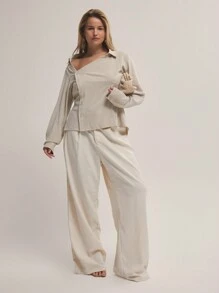 MUSERA Plus Size Woven Asymmetric Button Long Sleeve Blouse For Date Night, Girls Night, Sexy, Holiday, Occasion, Wedding Guest Autumn Winter Fall