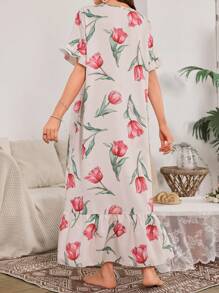 Ruched Peplum Hem Floral Print Long Nightgown - Multicolor - View 2