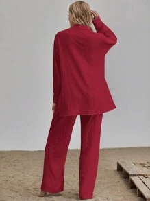 SHEIN LUNE Bộ đồ thường ngày cho nữ áo cánh dài tay trễ vai và quần dài - Màu Đỏ Sâu - Xem 2