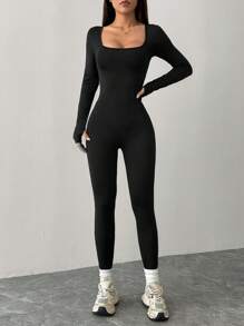 SHEIN PETITE Svart stickad fyrkantig hals Tight Casual Sports Yoga Jumpsuit - Svart - Visa 7