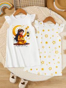 Robe d'été deux pièces avec col rond et manches courtes, style casual, avec imprimé croissant de lune du Ramadan et lanterne, pour jeune fille - Blanc - Voir 8