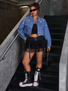 SHEIN ICON Losse korte denim jas met kralen, casual en modieus voor dagelijks gebruik