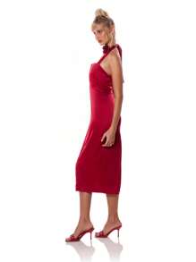 MUSERA Satin Halterneck Hook & Eye Midi Dress Sexy Cute Spring Summer Party Going Out Vacation - Red - View 3