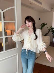 DAZY Áo cánh dài tay họa tiết bèo nhún thường ngày cho nữ mùa hè, quần áo mùa thu - Màu be - Xem 6