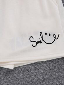 SHEIN Teen Girl Solid Color Ribbed Knit Round Neck Short Sleeve T-Shirt & Graphic Print Shorts Set, Casual Everyday Wear