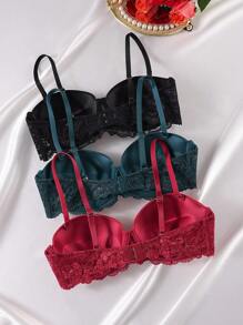 3pcs/Set Women Solid Color Contrast Lace Fashion Bra Sets - Multicolor - View 2