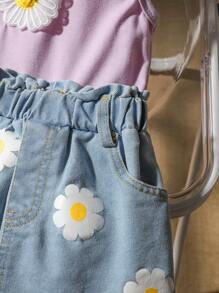 SHEIN 2pcs Infant Girls Casual Everyday Versatile 3D Daisy Flower Woven Label Tank Top & Skirt Set, Fashionable For Outing, Spring/Summer - Purple - View 5