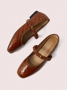 CUCCOO DOLLMOD Women's Round Toe Square Pattern Glossy Patent Leather Embroidered Pleated Elastic Band Ballet Flats - Brown - View 9