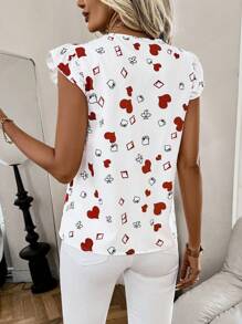 SHEIN LUNE Valentine's Day Heart Print Cap Sleeve Blouse - White - View 2