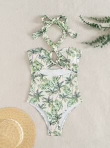SHEIN Swim Traje de baño de una pieza con estampado de palmera tropical en jacquard de punto, con cuello halter y espalda descubierta, estilo bohemio para playa y festivales de verano