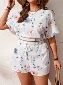 SHEIN LUNE Plus Size Floral Print Batwing Sleeve Top And Shorts 2 Pieces Set, Holiday Casual Summer Outfits For Women Two Pieces Set Women Vacation Outfits Woman Resort Outfits, Vacation Outfits Woman