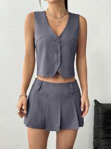 SHEIN MOOSTA Conjunto de 2 piezas para mujer con chaleco de un solo abotonadura de unicolor y falda mini plisada - Gris - Ver 6