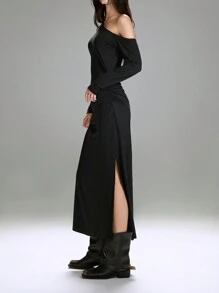 LYSMO Đầm xòe cổ lệch màu thời trang - màu đen - Xem 3