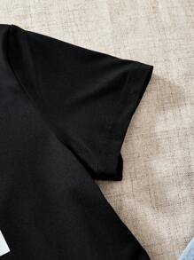Camiseta de manga corta con cuello en V y estampado numérico de Los Ángeles para niña preadolescente, uso casual y versátil para el día a día