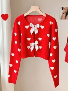 Comfortcana Women's Heart Pattern Bow Decor Thin Cardigan - Red - View 5