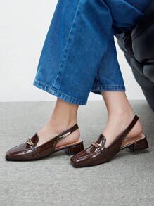 CUCCOO BIZCHIC Coffee Brown Patent Leather Shiny Chain Strap Low Heel Square Toe Flats, Fashion Casual Commuting, Dating, Party, Holiday Shoes For Women Spring Shoes Spring Break Easter For Christmas Spring Shoes - Coffee Brown - View 3