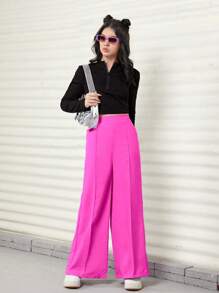 Teens/Girls Highwaisted Faux Pocket Flared Long Pants, Commuting & Elegant - Hot Pink - View 5