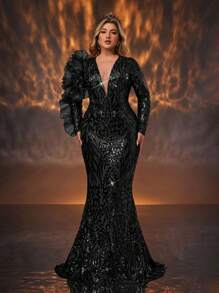 Glamrae 大码优雅浪漫圆领肤色网眼拼接亮片袖 3D 花卉鱼尾礼服，婚礼宾客礼服，适合婚礼庆典活动、派对礼服、晚礼服