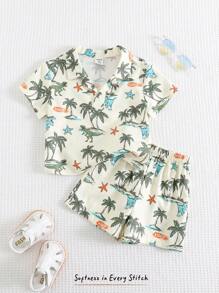 Cozy Pixies 2pcs/Set Baby Boy Coconut Tree Pattern Lapel Short Sleeve Half Placket Pullover Top And Elastic Waist Shorts Set - Multicolor - View 1
