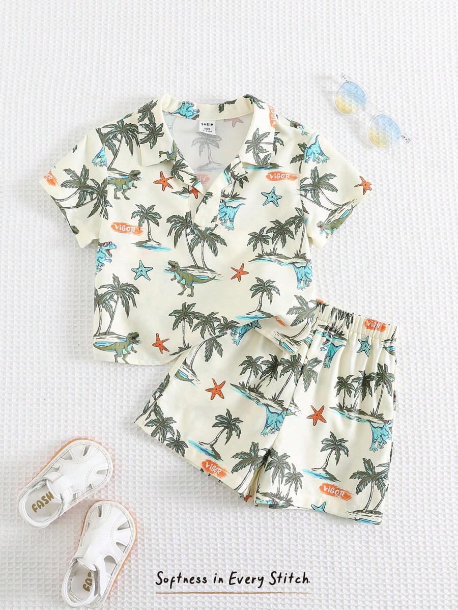 Cozy Pixies 2pcs/Set Baby Boy Coconut Tree Pattern Lapel Short Sleeve Half Placket Pullover Top And Elastic Waist Shorts Set - Multicolor - View 1