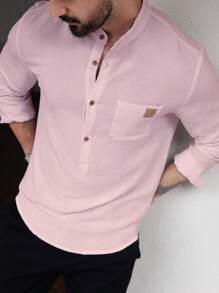 Manfinity Homme Men's Casual Solid Color Stand Collar Long Sleeve Shirt, Spring, Fall - Pink - View 3