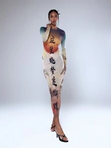 MUSERA 网眼东方文字印花连衣裙夏季透明性感，夏季假日度假海滩伊比沙岛节日狂欢之夜生日，约会之夜秋冬 - 彩色 - 查看 4