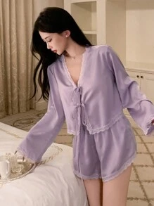 DAZY Romantic Lace Patchwork Satin Bowknot Top And Shorts Pajama Set For Women, Fall Winter Clothes - Mauve Purple - View 4