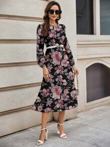 SHEIN Clasi 复古花卉图案圆领长袖休闲连衣裙，适合春秋季节