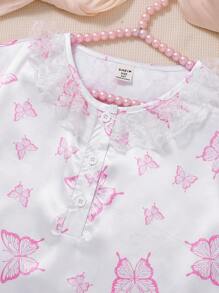 Tween Girls Minimalist White Base Pink Bow Floral Print Long Sleeve Long Nightgown Loungewear - Multicolor - View 4