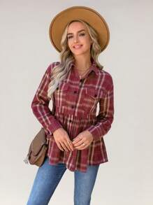 SHEIN LUNE Autumn Green Plaid Vintage Flannel Long Sleeve Peter Pan Collar Cardigan Shirt, Women
