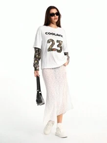 Coolane Women's Couple Same Style Y2K Cargo Knit Camo Tree Branch Pattern Two Fake Pieces Long Sleeve Over Size T-Shirt - White - View 6