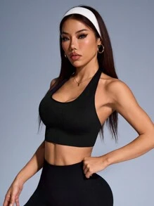 Easithlete Women's Solid Color Halter Neck Slim Fit Casual Blouse, Everyday Wear - Black - View 5