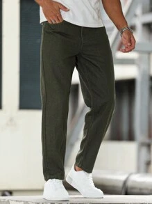 Manfinity Homme Men's Casual Simple Solid Color Skinny Fit Jeans - Army Green - View 7