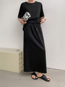 Dazy-Less 宽松简约纯色两件套女士休闲套装老款商务休闲女装 - 黑色 - 查看 4