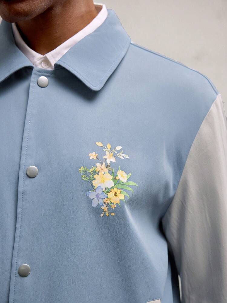 Men's Light Blue Floral Print Woven Panel Contrast Color Casual Jacket, Slim Fit, Suitable For Spring/Summer, Couples, Valentine's Day, Daily Commute, For Fall Winter