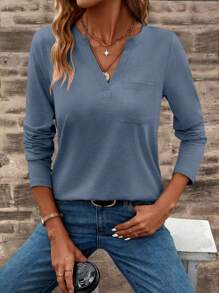 EMERY ROSE Women's Solid Color V-Neck Pocket Long Sleeve Casual T-Shirt Fall Cloth For Women - Blue - View 4