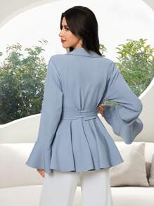 Al Najma Áo nữ màu trơn cổ bẻ tay loe phong cách Ả Rập - Màu xanh lam - Xem 4