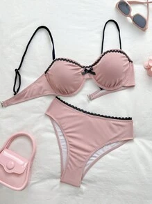 SHEIN Swim 2pcs/Set Solid Ribbed Top And High Waist Ruffle Trim Swim Bottom Beach Outfit, Women Summer Cute Bikini Swimwear Set - Dusty Pink - View 1