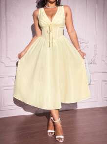 Flirla Große Größen Karomuster V-Ausschnitt Schleife Deko ärmelloses Lässig Kleid, geeignet für Frühling & Sommer